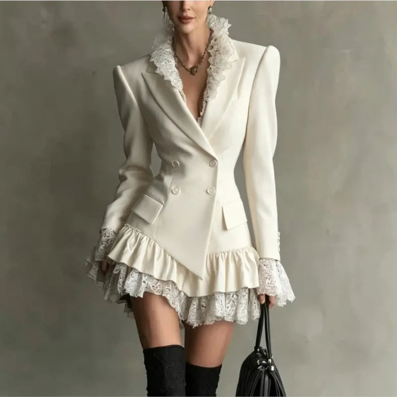 Autumn Lapel DoubleâBreasted Lace Ruffle Mini Dresses Women Fashion Long Sleeve Short Dress Elegant Ladies Party...