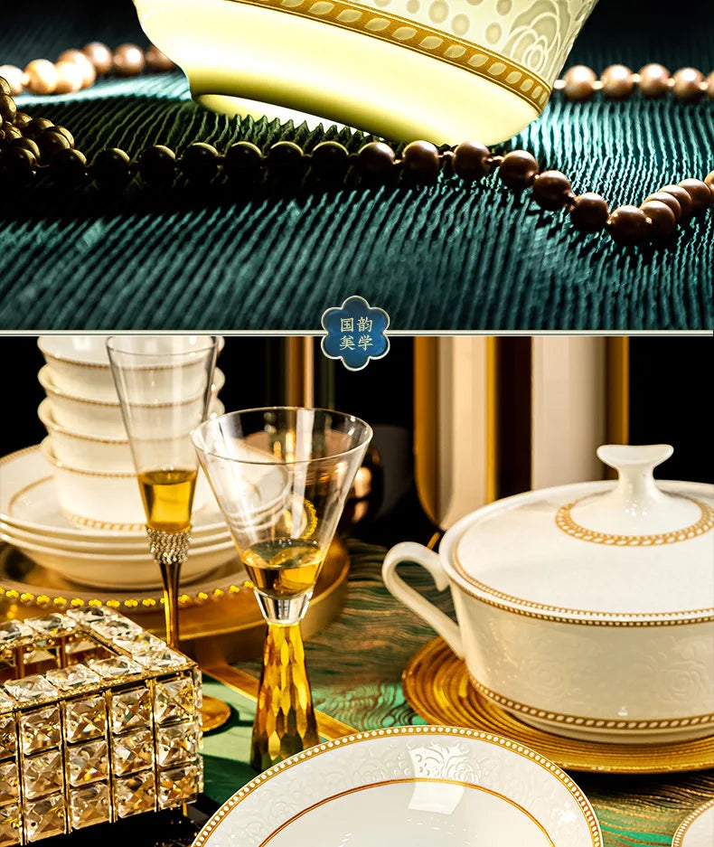 2025 New Jingdezhen Dishes Tableware Free Combination Household High-grade Bone China Tableware Housewarming Relief Rose