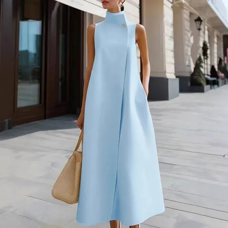Simple Fashion Single Button High Neck Maxi Dress Women Spring Solid Pocket A-Line Long Dress Summer Sleeveless Bohemian...
