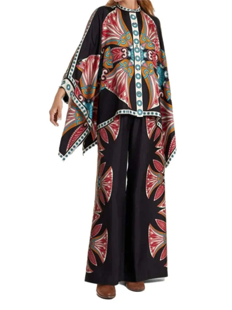 2 Piece Sets Fashion Women's Irregular Geometric Print Pants Sets Long Sleeve Shirts And Wide Leg Pants Stylish Streetwear Suit