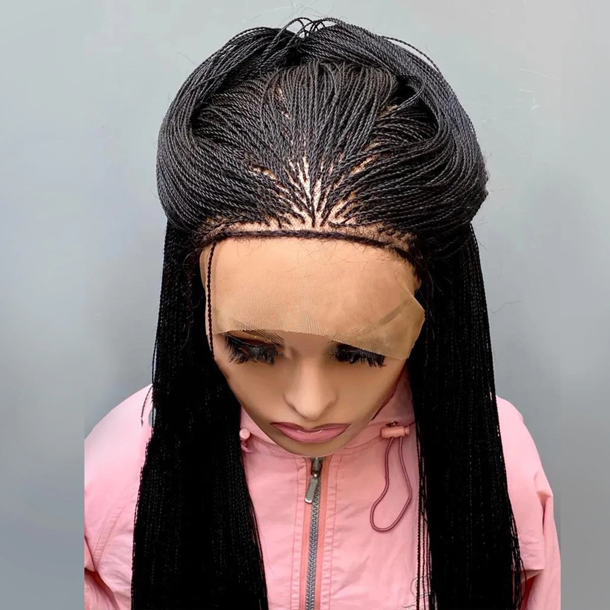 28 Inch Micro Twist Braided Wig for Black Women Front Lace Color 1B Black Braids Glueless Tiny Twist Braid Wigs