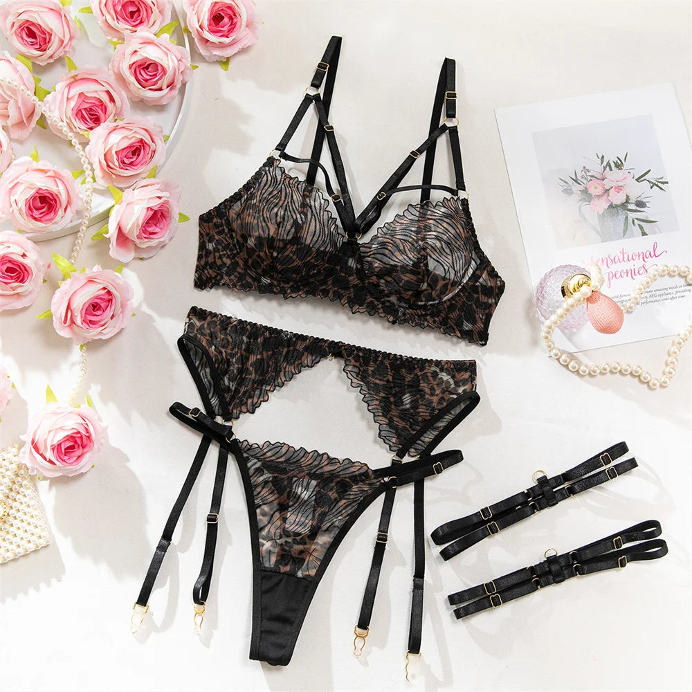 Krasapt Fancy Leopard Embroidery Lingerie 4 Pcs Sets Sexy Mesh See Through Bras And Thongs Garter Suits Erotic Intimate Outfit