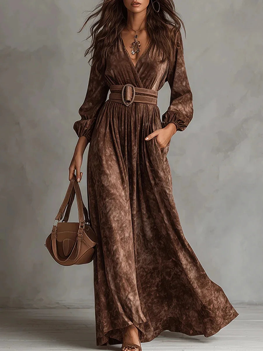Women's Vintage Paisley Print Maxi Dress Long Sleeve V Neck Zip up High Waist Flowy Long Dress for Autumn Party Evening Wear