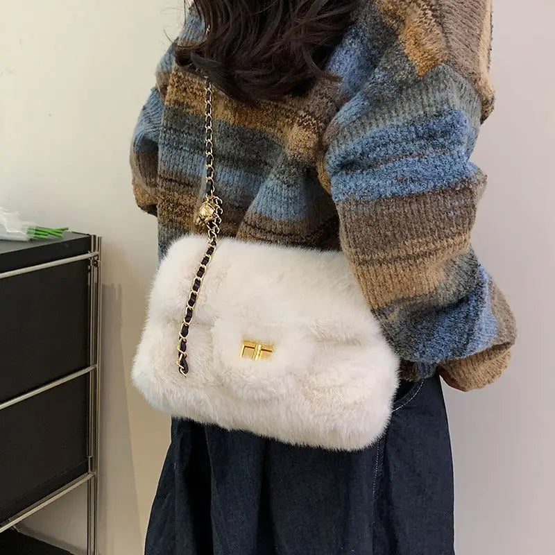Mini Furry Chain Shoulder Bag for Women New Style Autumn Winter Casual Pure Color Polyester Velvet Lining Crossbody Bag