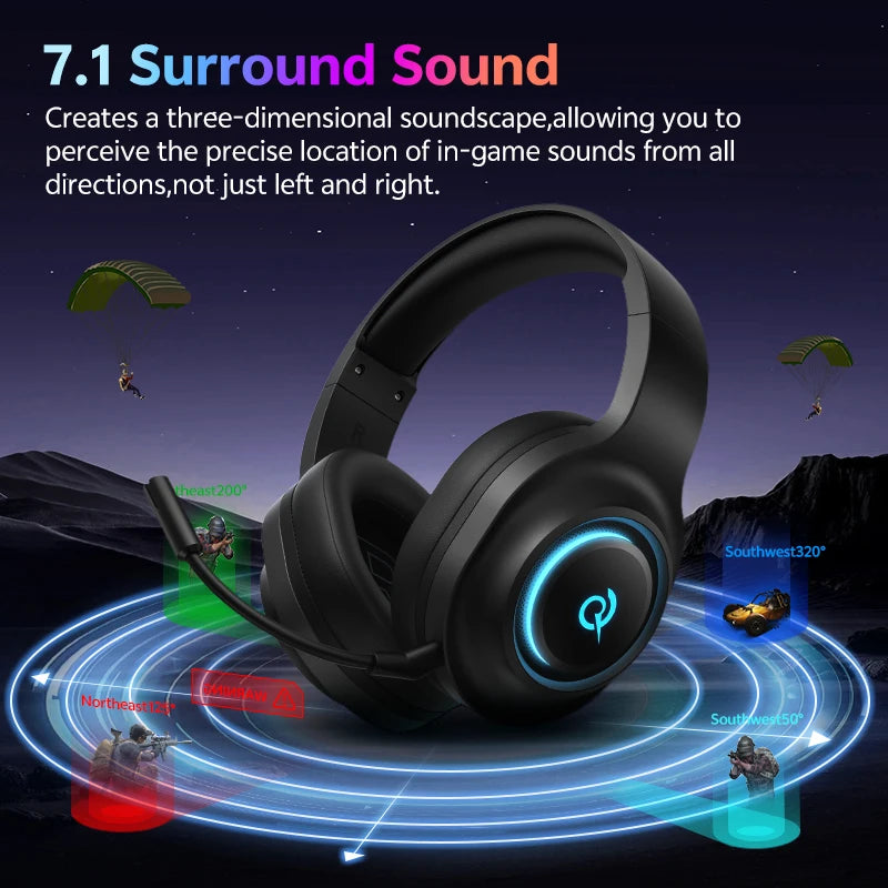 QCY Heroad V200 Gaming Over Ear Headphone Wireless Bluetooth 6.0 with Mic 50mm Driver 7.1 Surround Sound Dynamic EQ RGB Headset
