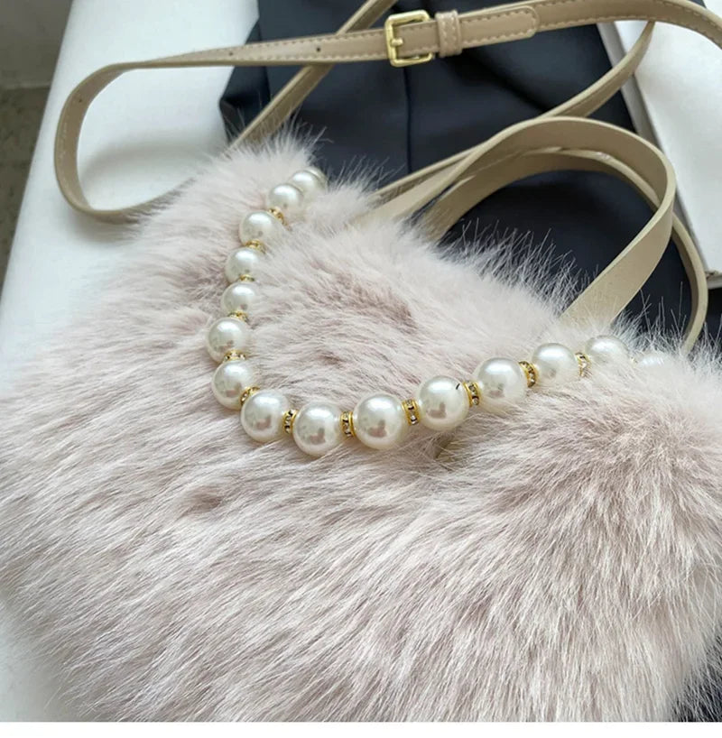 Winter Fashion Faux Fur Crossbody Bags for Women's Gift, Pearl Chain Decor Shoulder Bag, Ladies Handbags Top-handel Bag