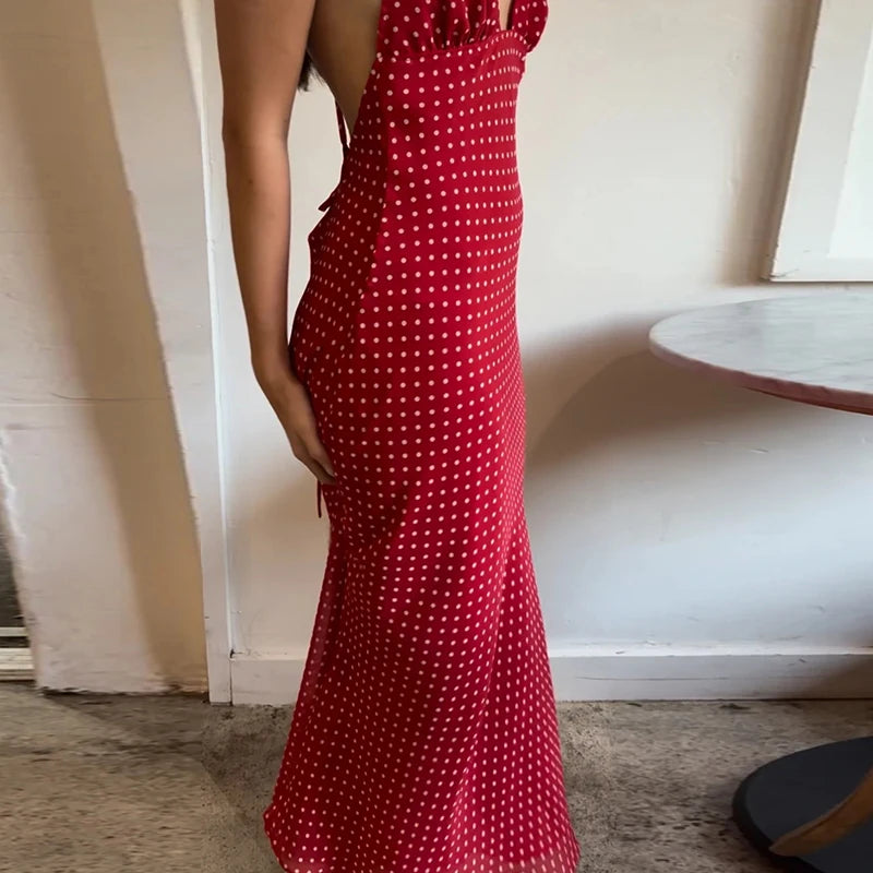 Coquette Y2k V Neck Tie Back Spaghetti Strap Maxi Dresses Women Polka Dot Summer Dress with Scarf 2025 Slim Fit A Line...