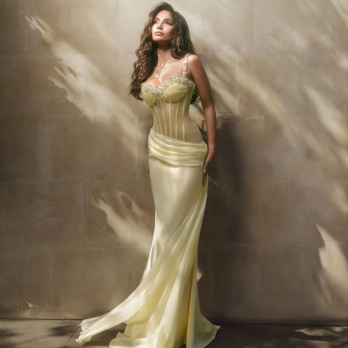 Ofherown Butter Yellow Corset Evening Dress Sheer Boning Beaded Sweetheart Draped Satin Train Formal Prom Gown Custom Made