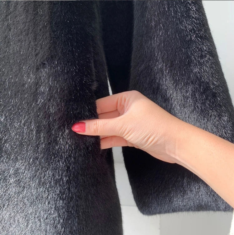 Lautaro Winter Long Black Luxury Elegant Stylish Thick Warm Fluffy Hairy Soft Faux Mink Fur Coat Women Stand Collar Sashes 2023