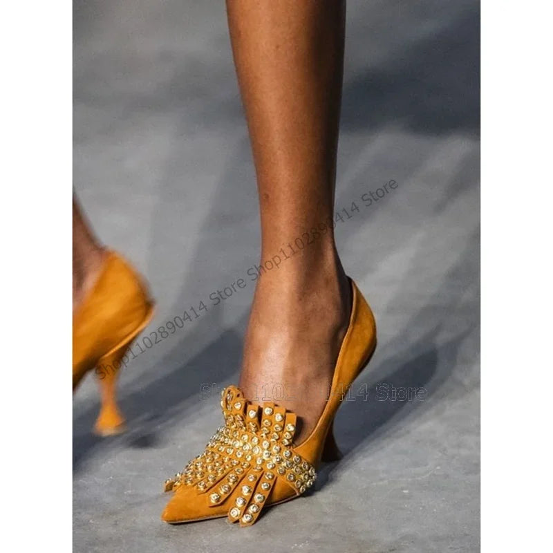 Yellow Rivets Tassels Decor Pointed Toe Pumps Slip On Women Shoes Thin High Heels Novel Fashion Runway 2023 Zapatos Para Mujere - Kimlud
