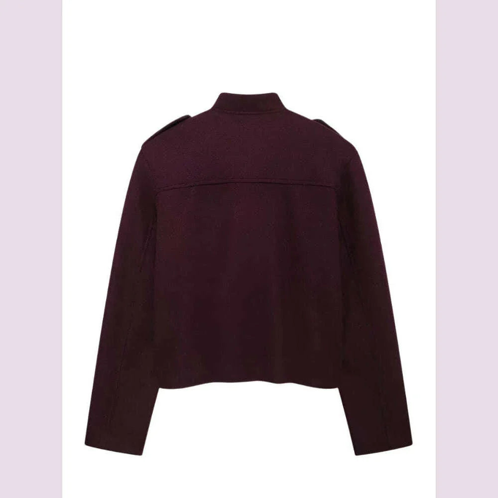 TRAFZA Women Vintage Wine Red Coat O Neck Long Sleeve Single Breasted Jacket With Pockets Autumn Casual Office Lady Outerwear