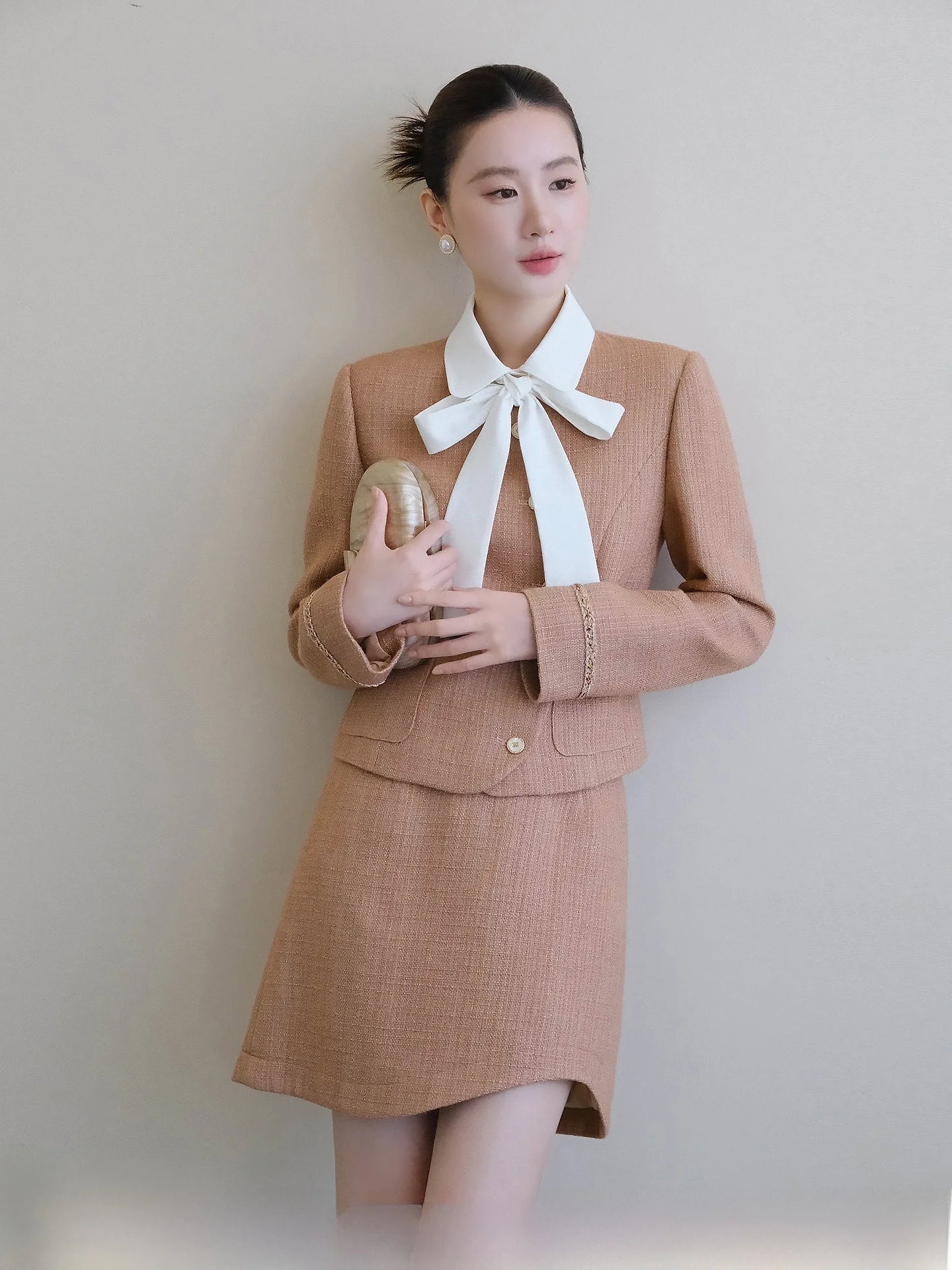 XXNING Luxury Faion Set Women's Autumn Winter ort Coat Skirt Two-Piece Suit Ele Lady Sle Knot Design