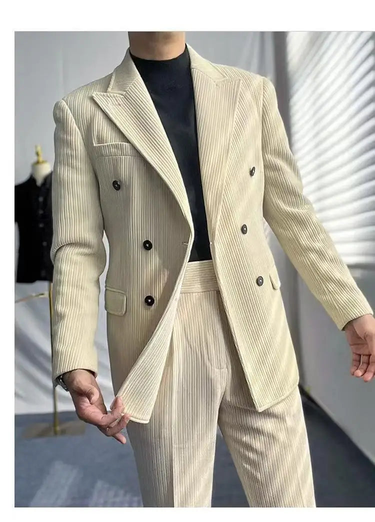 British Style Men's Corduroy Casual Double Breasted Suit And Naples Pant Two-piece Set Fashion Vintage Business Suits Outfits