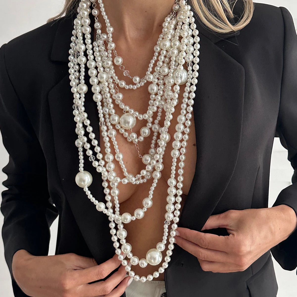 SHIXIN Exaggerated Multi-layer Imitation Pearl Choker Necklace Women Luxury Long Tassel Pendant Sweater Chain Bridal Wed Jewelry