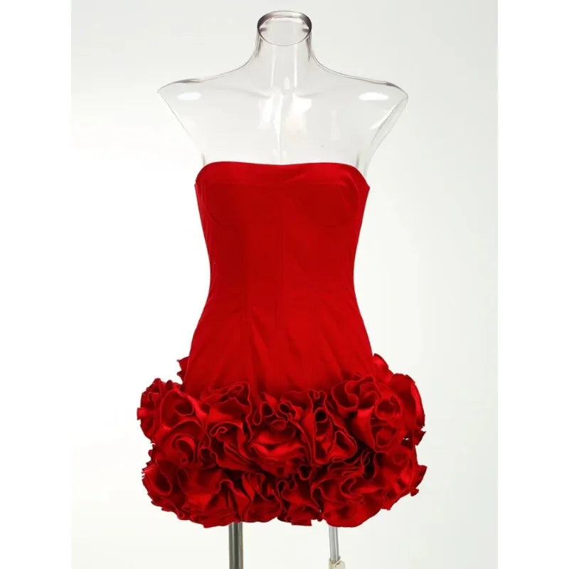 Stereoscopic Flowers Back Laceing Strapless Solid Bandage Mini Evening Dress Sweet Woman Birthday Party Patchwork Lace Up Dress