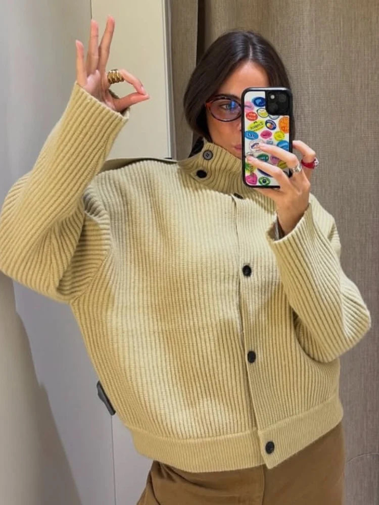 TFMLN Women's Knitted Cardigan Solid Stand-Up Collar Epaulet Single Breasted Female Sweater Coat Loose Fit Casual Knitwear