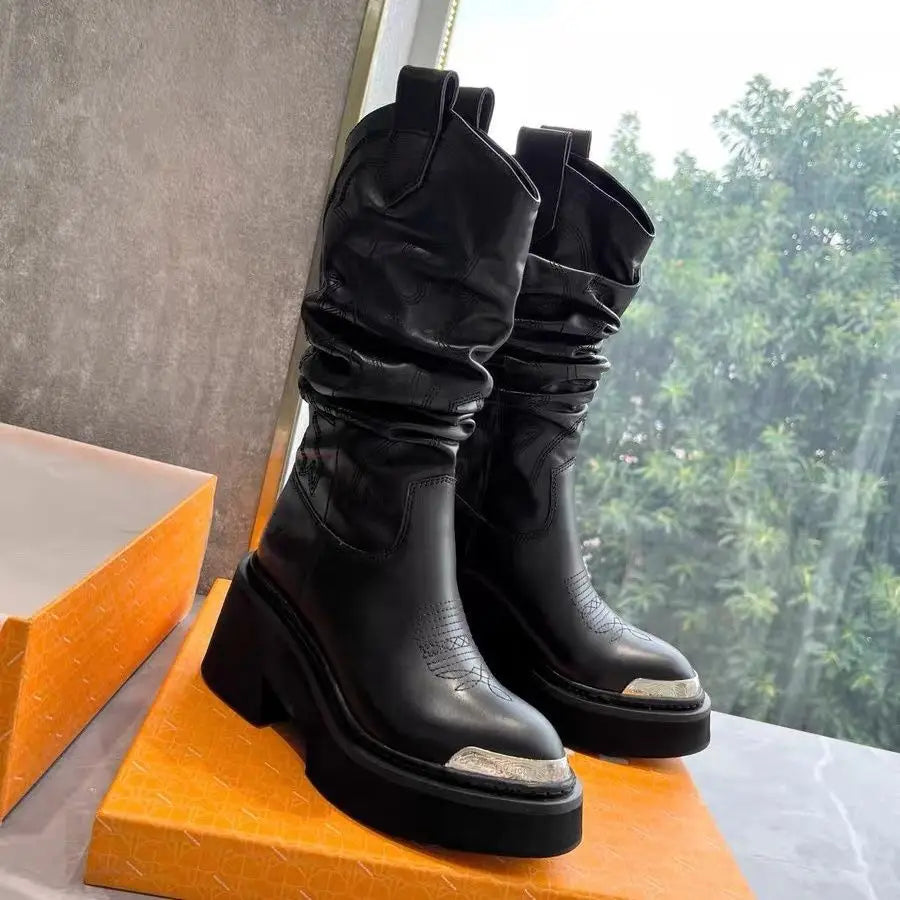 women heightened same thick-soled knight western cowboy 2026 temperament elastic stacking boots - Kimlud