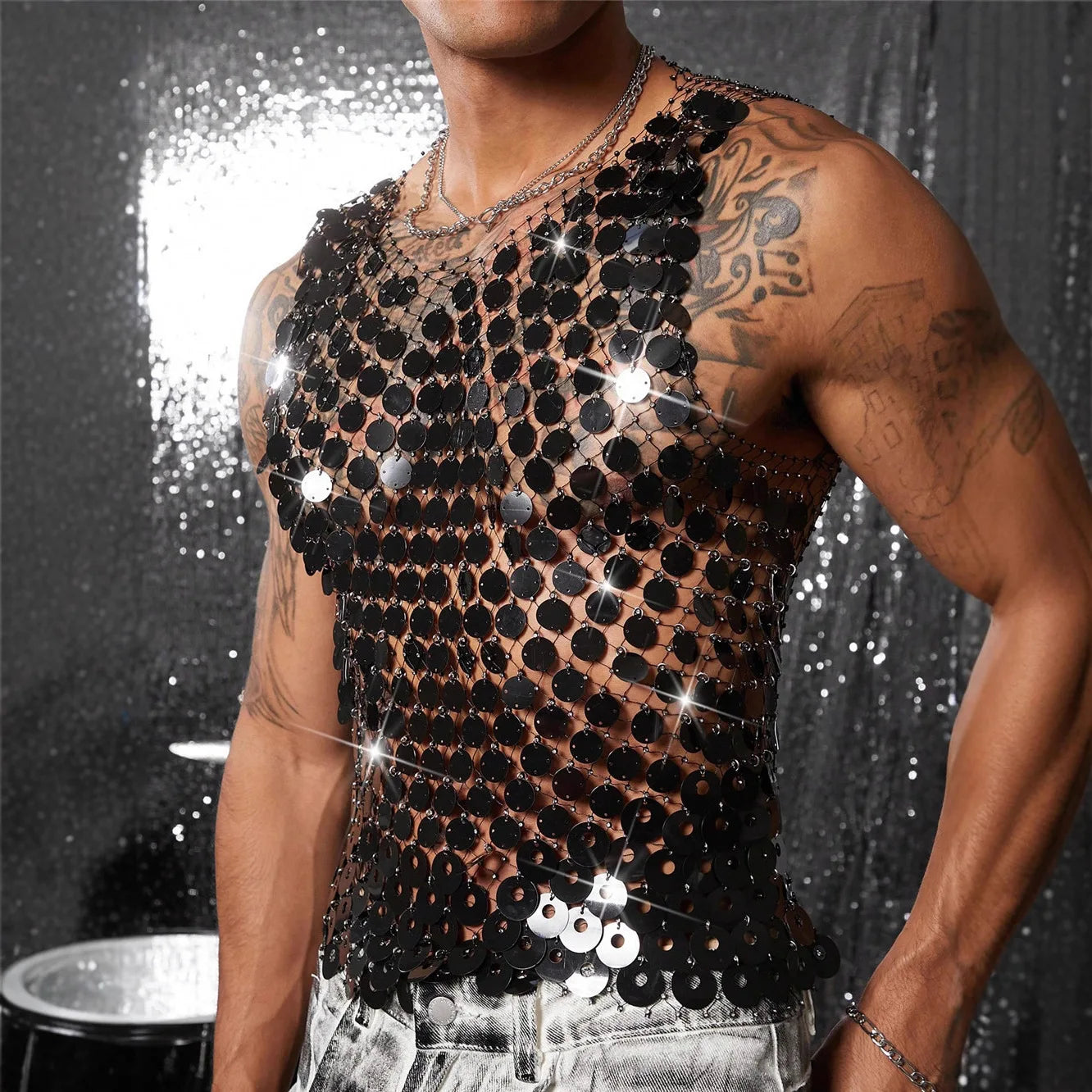 Sparkling Diamond Cut-Out See-Through Vest For Men - New Summer Style Sexy Nightclub Party Fishnet Beaded Outerwear Top - Kimlud