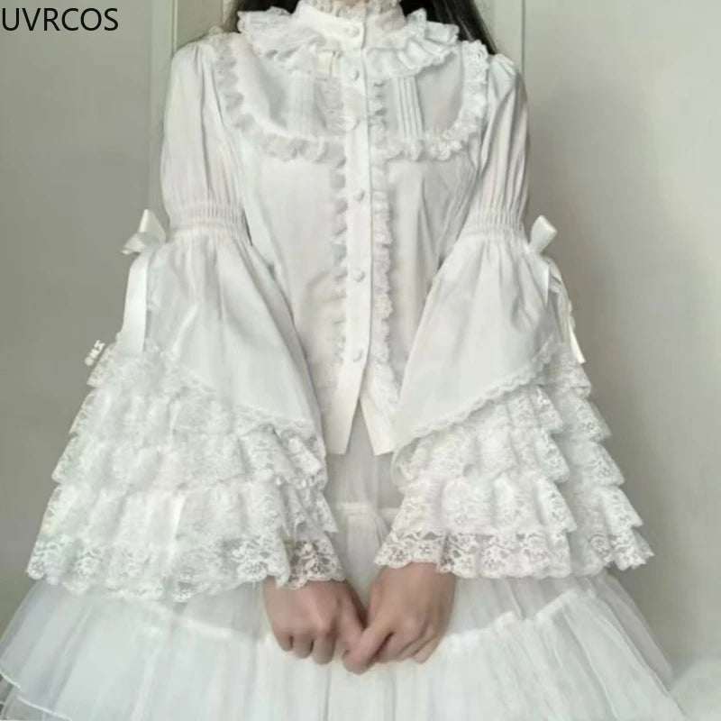 Japanese Sweet Cute Lolita Flare Sleeve Bow Shirts Women Y2k Aesthetic Lace Patchwork Blouse Kawaii Girl Loose Blusas Mujer Tops