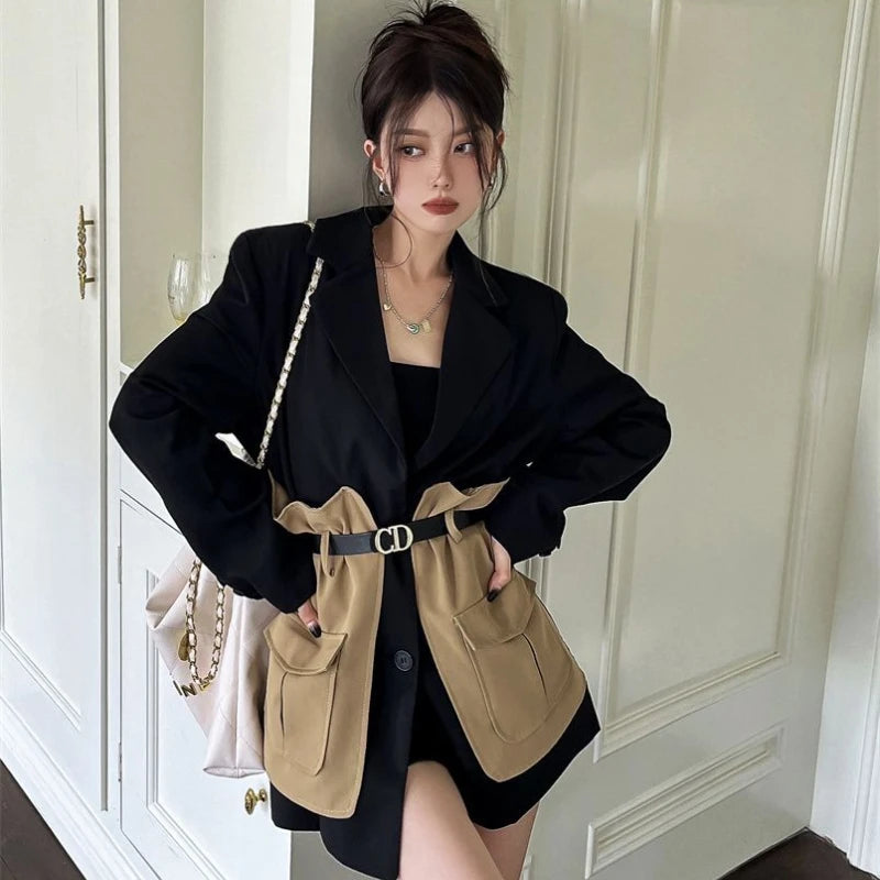 Original Design Blazer Women Fashion New Loose Spliced Pocket Korean Shrug Notched Single Breasted Blazer Mujer Femal...