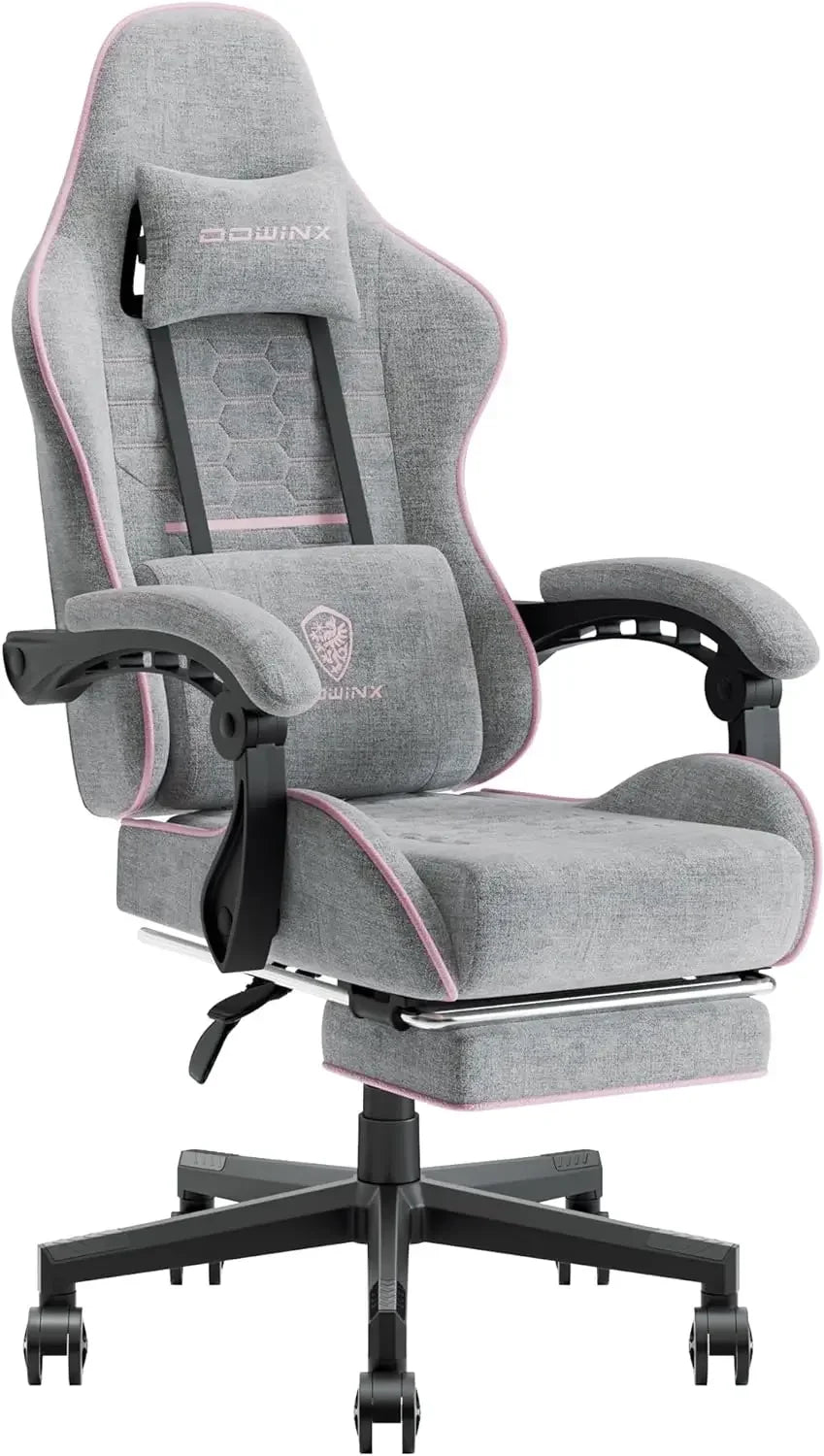 Gaming Chair Fabric with Pocket Spring Cushion, Massage Game Chair Cloth with Headrest, Ergonomic Computer Chair, Light Grey