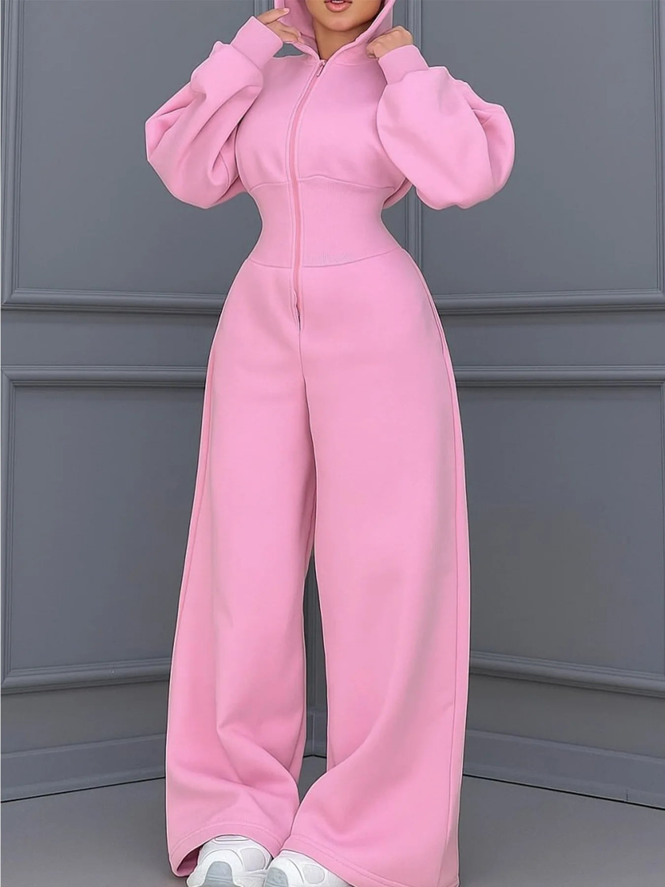 Women's Hooded Zipper Elastic Waist Jumpsuit Long Pants Sports Casual Solid Color Comfortable Casual Cross-Border Style