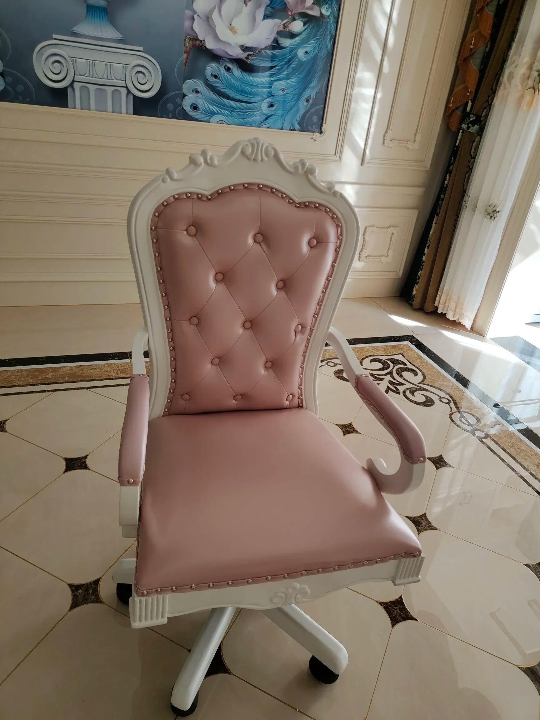 12American Genuine Leather Retro Carved Solid Wood Swivel Chair Office Chair Lift | Kimlud Vintage Luxury Home