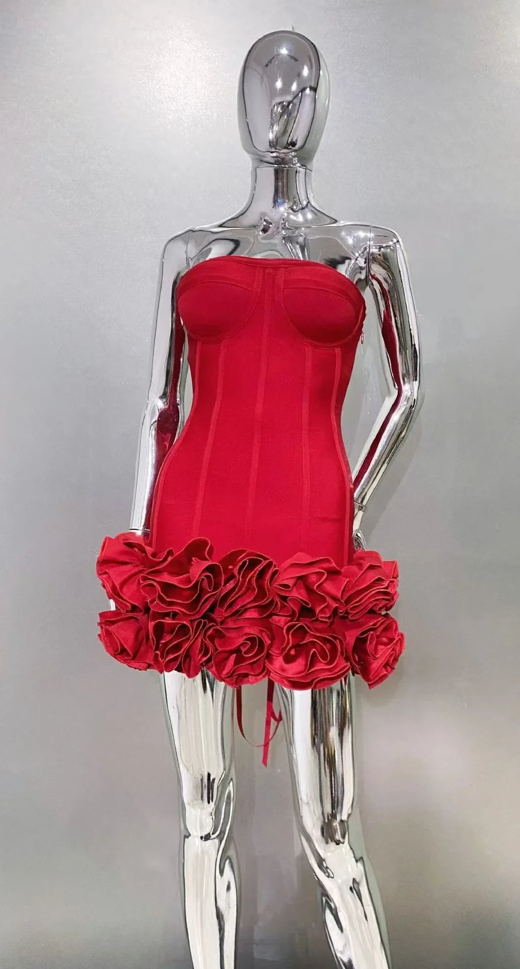 2025 Stereoscopic Flowers Laceing Strapless Red Bandage Mini Evening Dress Sweet Woman Birthday Party Dress Performance...