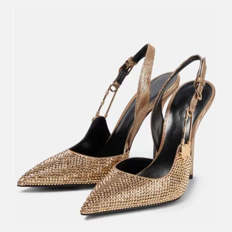 Women Shoes Luxury Rhinestones Sequined Buckle High Heels Elegant Pointed Toe Slingbacks Stiletto Shoes for Women Fashion Shoes