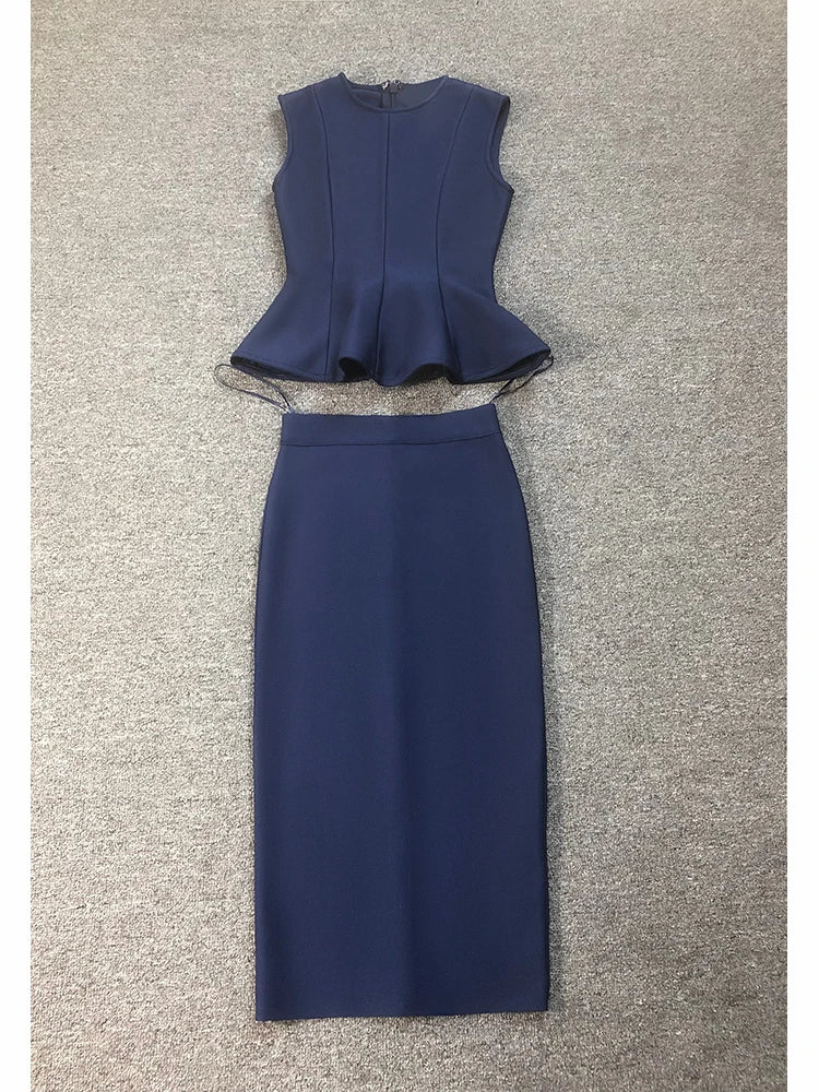 Sexy Women Two Piece Sets Sleeveless O Neck Ruffles Crop Top + Midi Bodycon Skirts Bandage Suits Runway Evening Club...