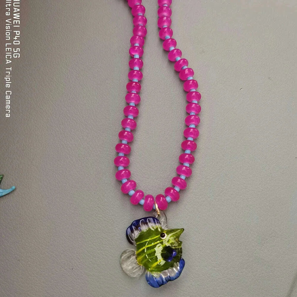 Bohemian Colorful Glaze Fish Pendant for Women Striped Beaded Necklace Seaside Vacation Party Accessories