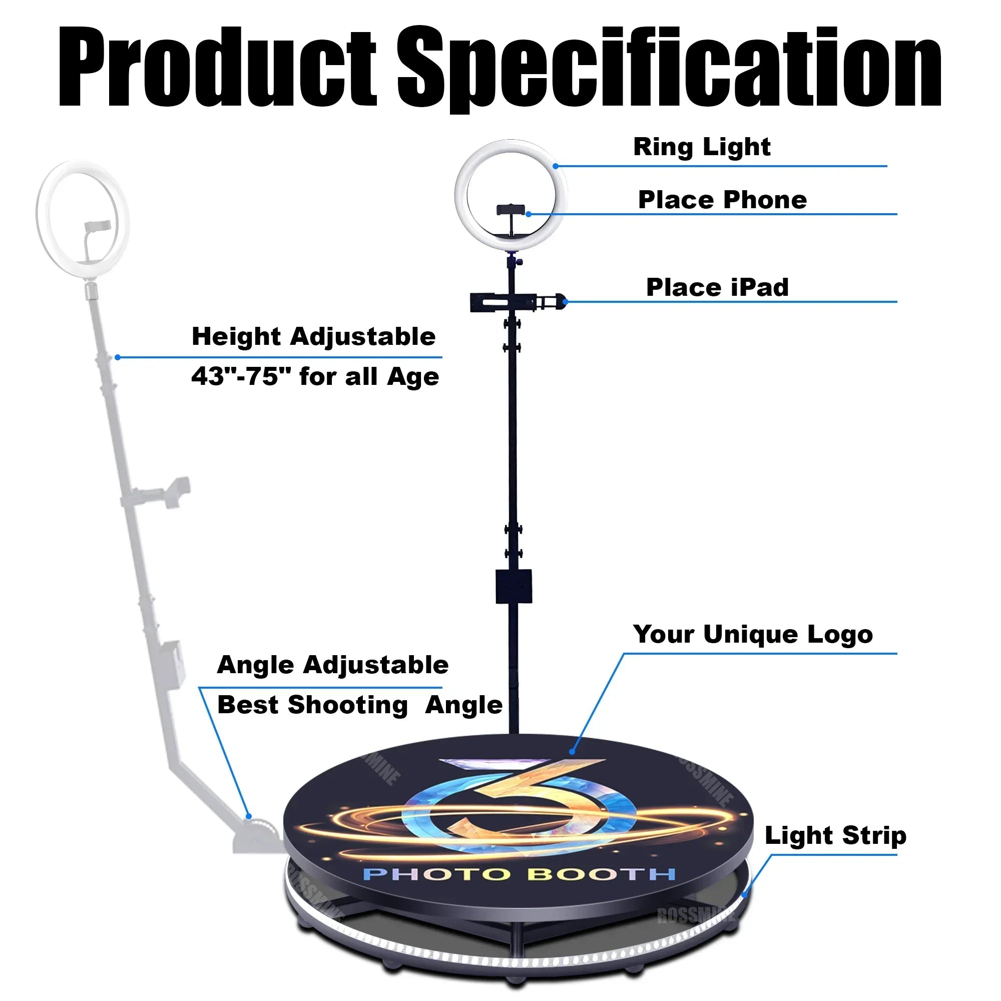 2025 portable 360 Photo Booth Automatic Video Booth LED Fill Lights Stanchion Posts Queue for 360 booth photo shoot...
