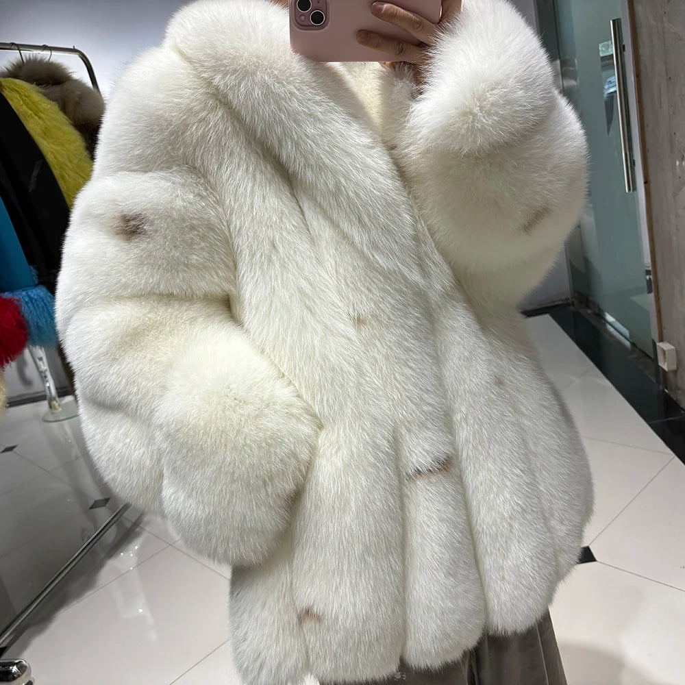 YOLOAgain Women's Luxury White Fox Fur Coat 2024 Winter Warm Real Fox Fur Jacket