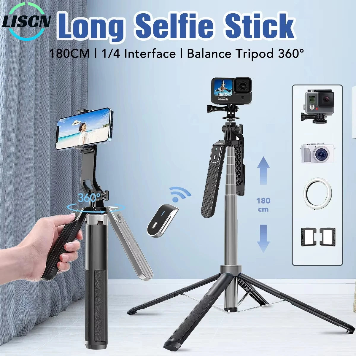LISCN 180CM Selfie Stick Tripod 360 Rotation Portable Foldable Cell Phone Tripod Stand Stabilizer for Travel Video Photograph
