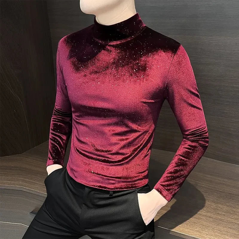 Gold Velvet Men's Long-sleeved T-shirt New Autumn and Winter Half Turtleneck Top Starry Sky Mid-collar Bottoming Shirt |...