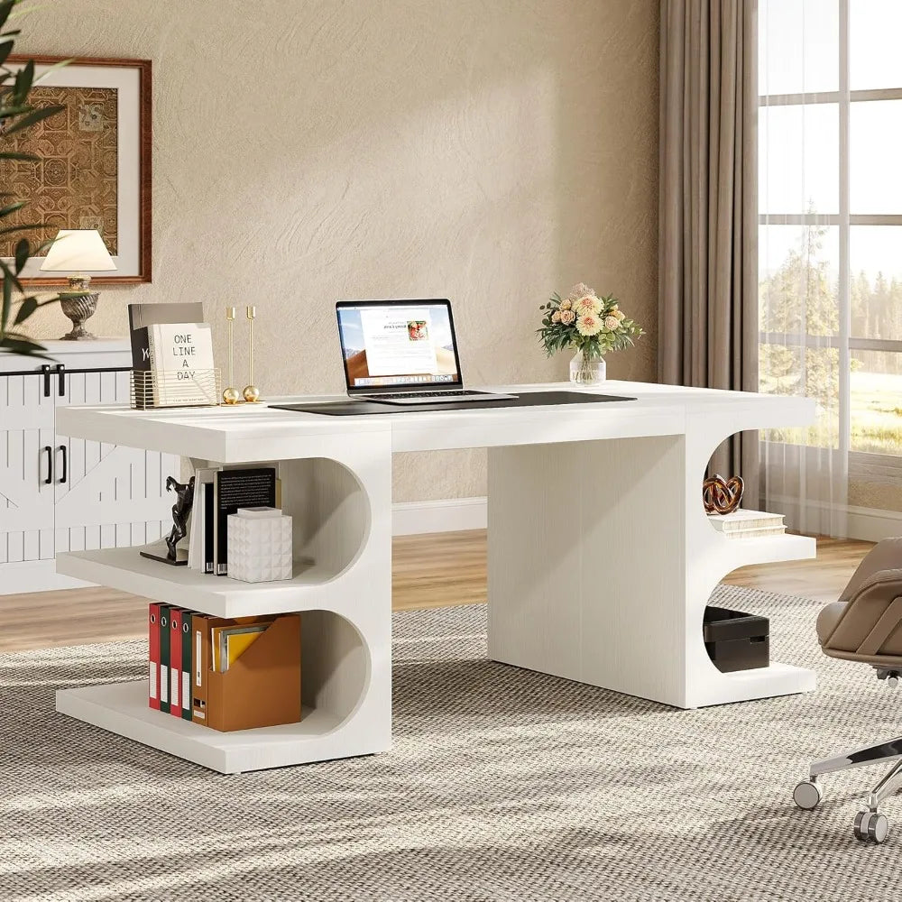 Office Desk, 63" Computer Desk with Storage Shelves, Modern Wood Study Writing Table, Large Workstation Business Furniture - Kimlud
