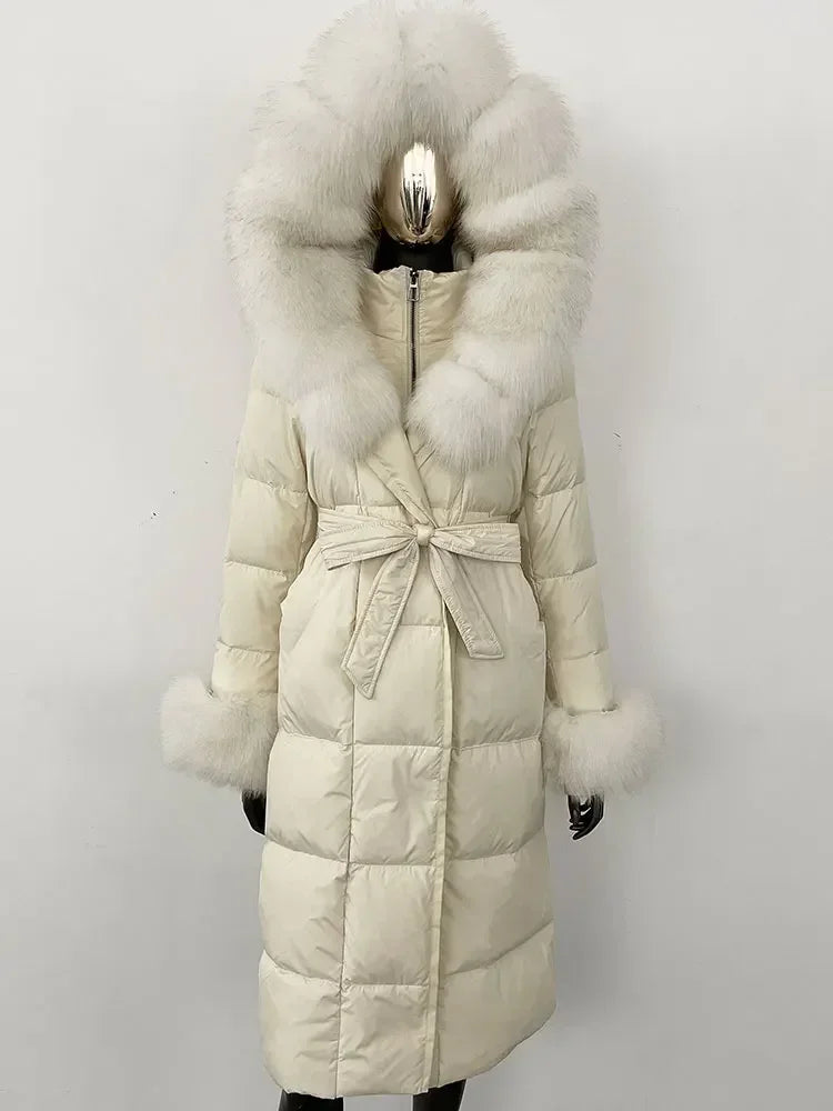 CXFS New Real Raccoon Fox Fur Collar Hooded Natural Long Winter Jacket Women 90 White Duck Down Coat Thick Warm Casual Outerwear