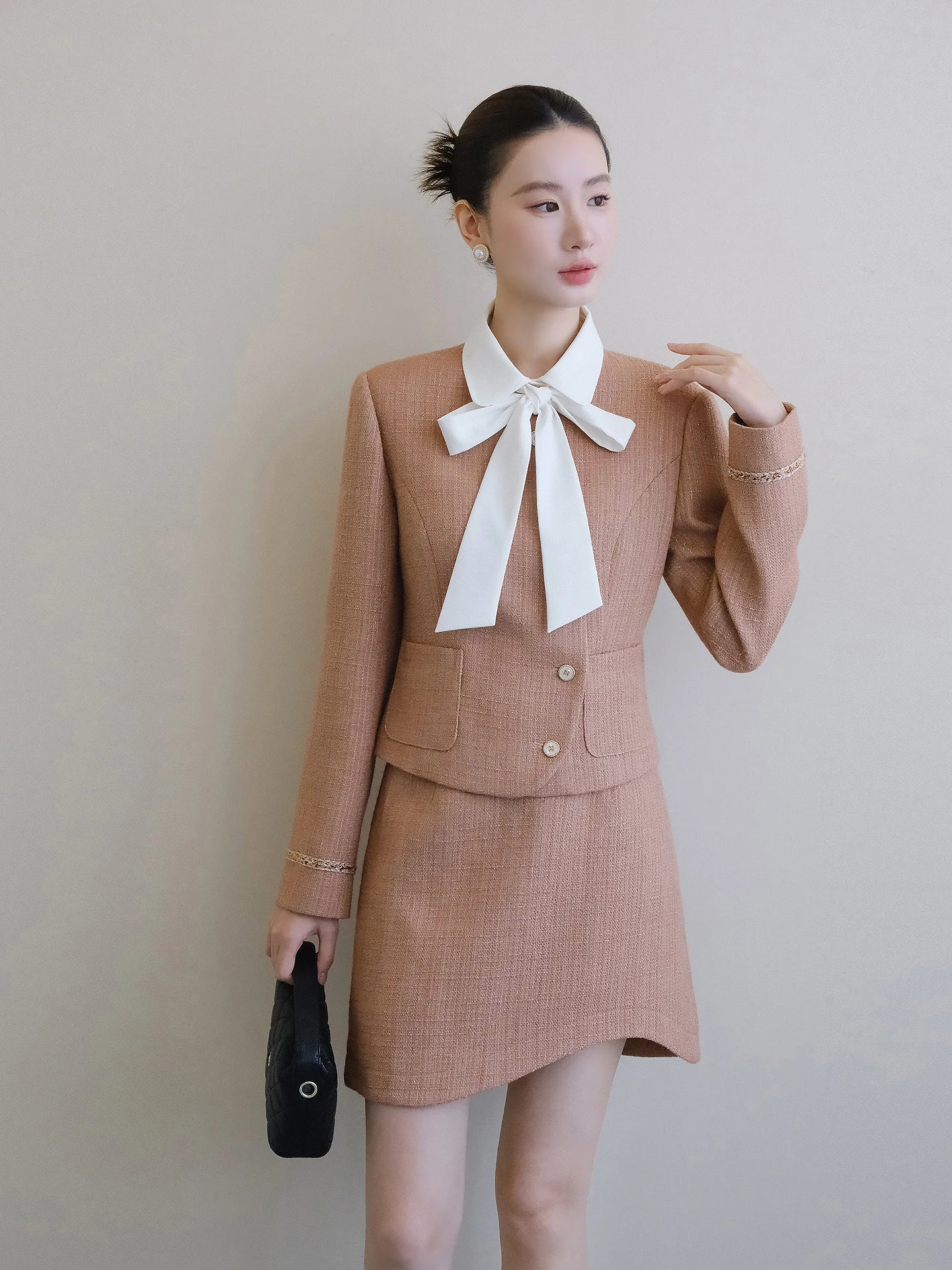 XXNING Luxury Faion Set Women's Autumn Winter ort Coat Skirt Two-Piece Suit Ele Lady Sle Knot Design
