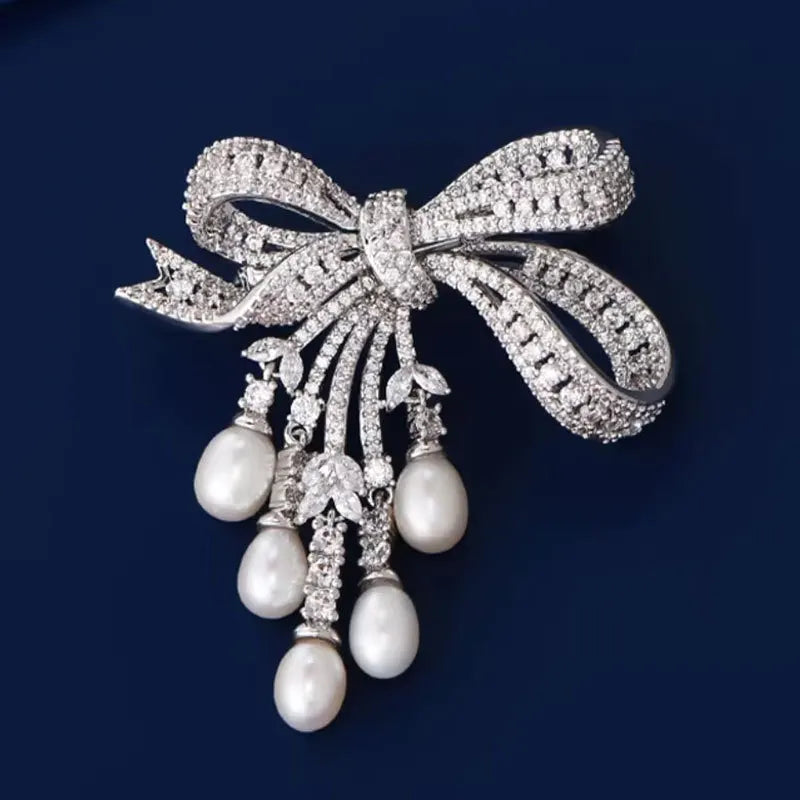 Luxury Zircon Pearl Bowknot Tassel Fashion Brooch Pins For Women Creative New Handmade Brooches - Kimlud