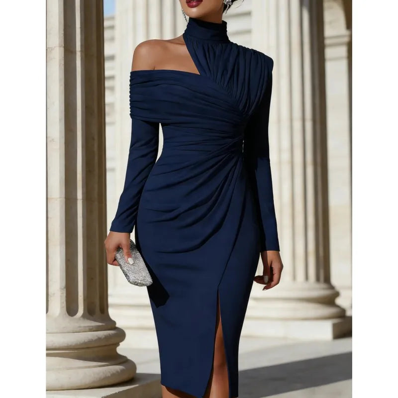 Sexy Package Hip Dress Off-shoulder Half-high Collar Long-sleeved Banquet Dress Fashion Elgant Pleated Slim Female Slit Dresses