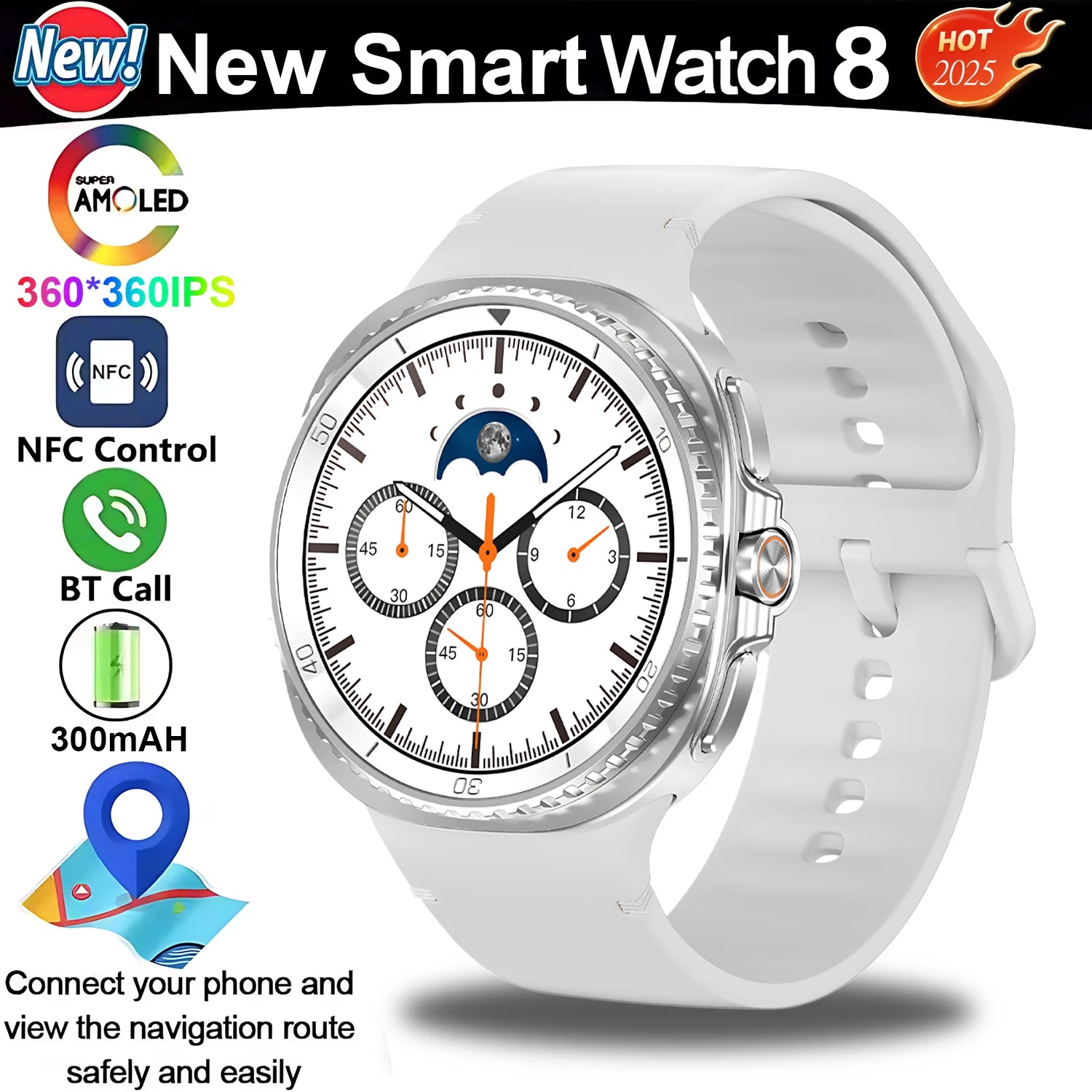 New Smart Watch 8 classic Rotating Dial AMOLED HD Screen Men's GPS NFC Sport modes Fitness Heart Rate Bluetooth Call Smart Watch