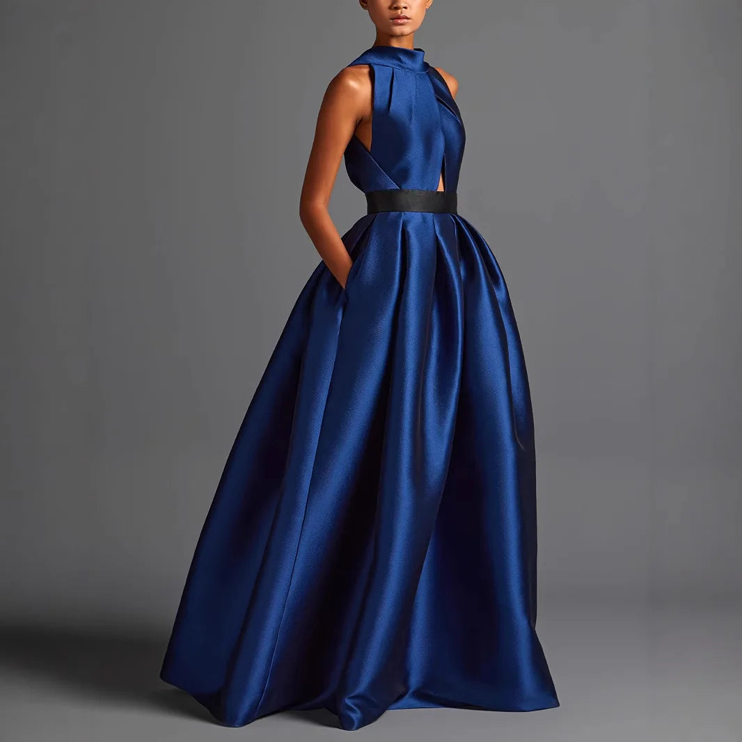 2026 Elegant Halter Satin Party Dresses for Women Spring Sexy Draped Solid Slim Long Dress Woman Hollow Out Pocket...