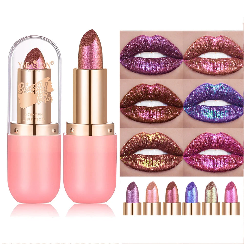 Metallic Violet Chameleon Lipstick Color Changing Matte Glitter Diamond Lipstick Waterproof Pearl Shine Lip Gloss Sexy Makeup