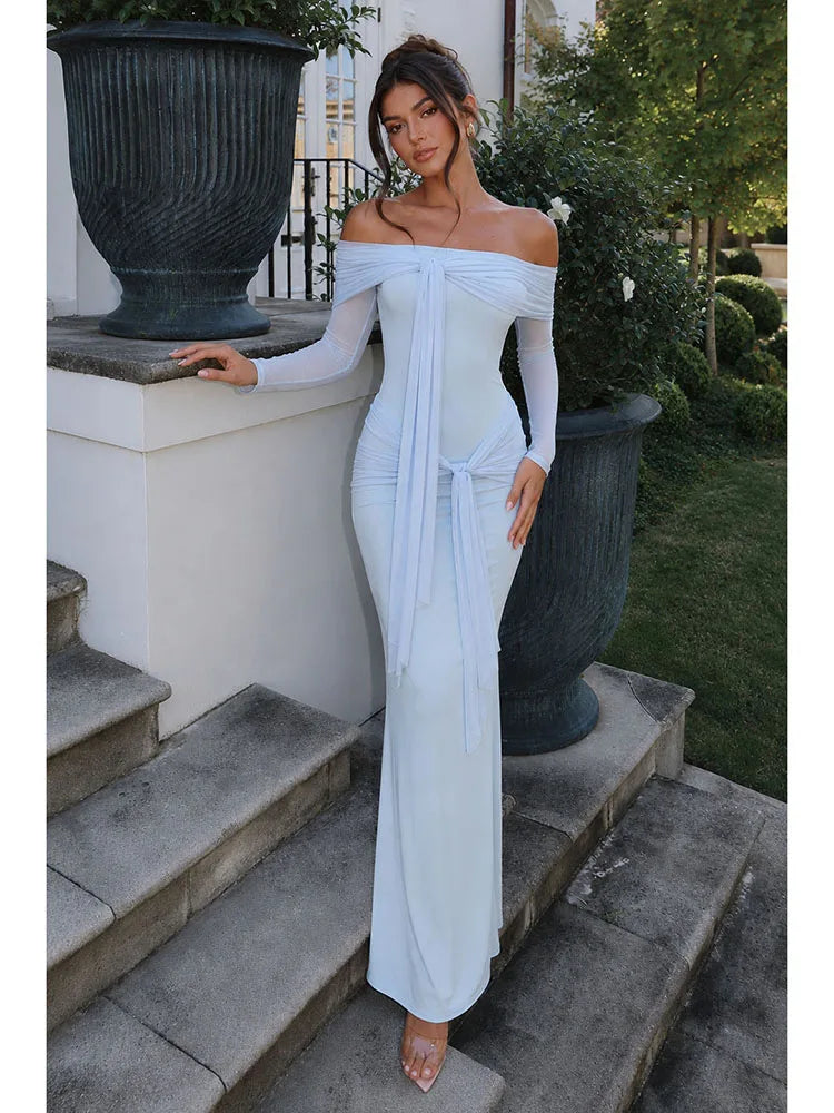 Sexy Slash Neck Mesh Long Sleeve Patchwork Maxi Dress Women Light Blue Off Shoulder Tie Ruched Slim Dresses Evening Party Gowns