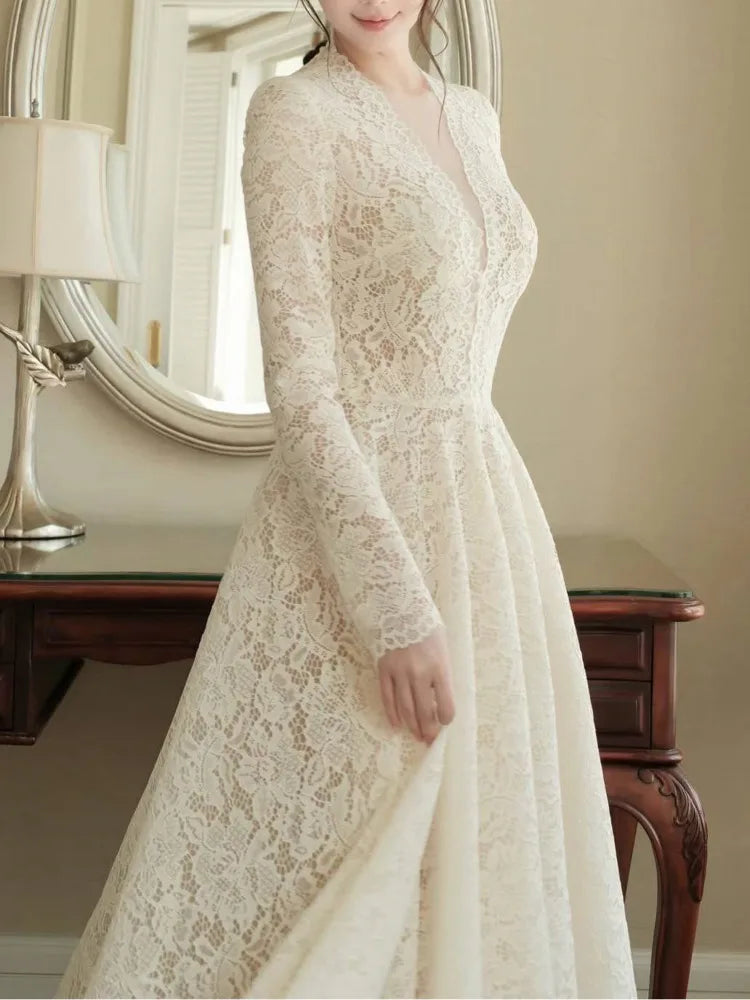 Eshin Elegant Women Lace Maxi Dress Long Sleeve Deep V Neck High Waist A-Line Floor Length Evening Party Formal Dresses SA1529 - Kimlud
