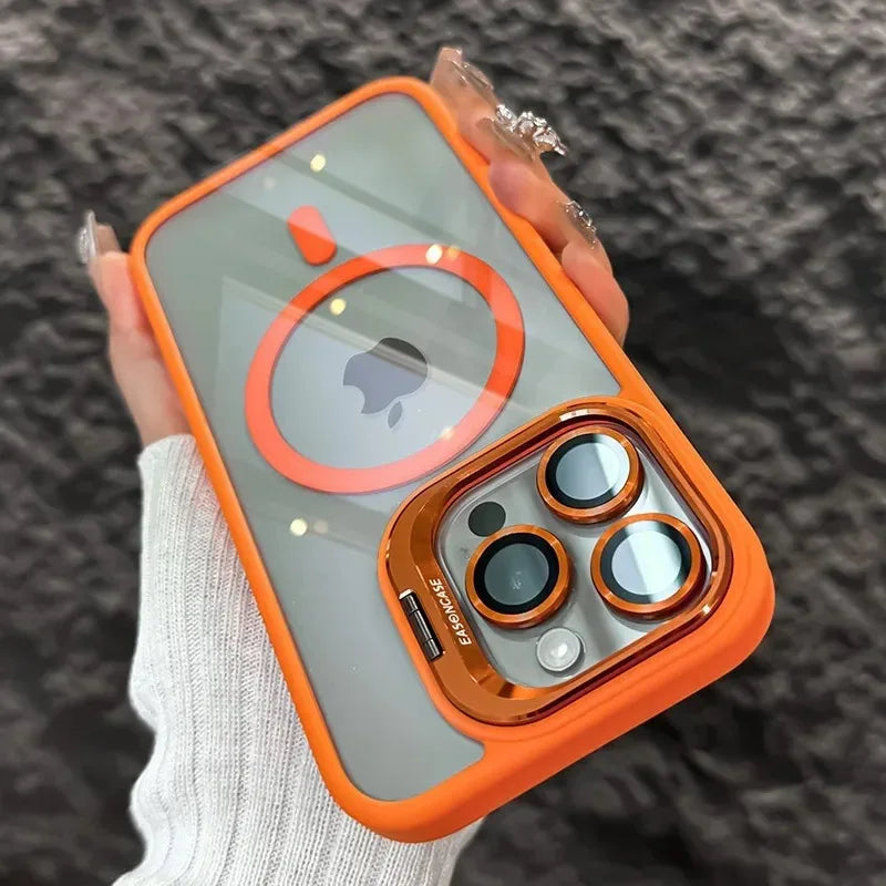 Luxury Magnetic Shockproof Phone Case For iPhone 15 14 13 12 11 16 17 Pro Max Plus 16E Funda Stand Glass Lens Protection Cover