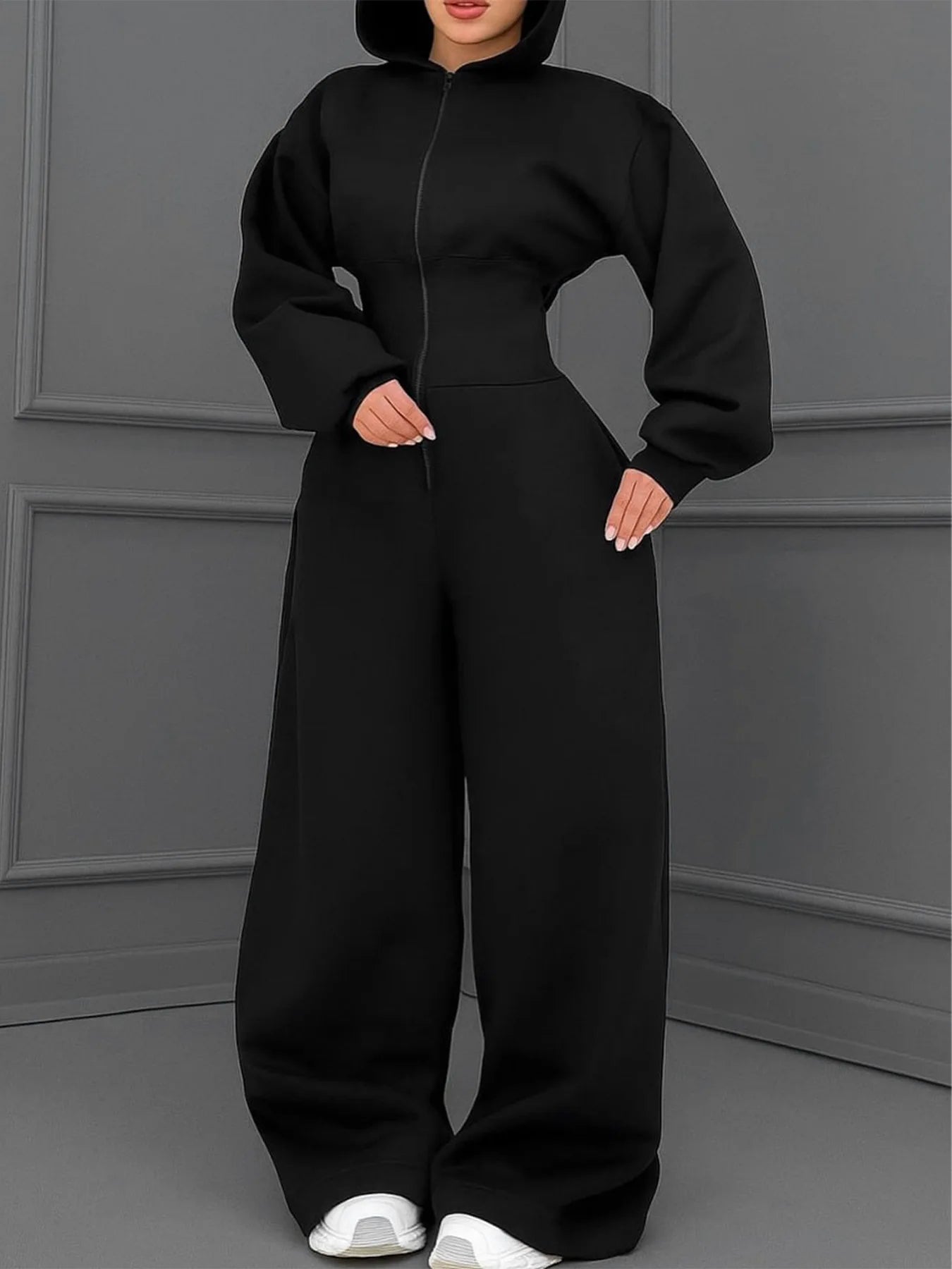 Women's Hooded Zipper Elastic Waist Jumpsuit Long Pants Sports Casual Solid Color Comfortable Casual Cross-Border Style