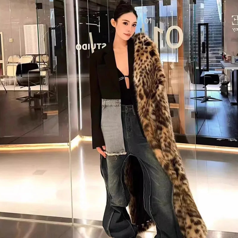 Luxury Vintage Harajuku Leopard Print Long Faux Fur Coat Women's Warm Winter Fur Trench Coat Thick Lapel Trendy Long Jacket Chic
