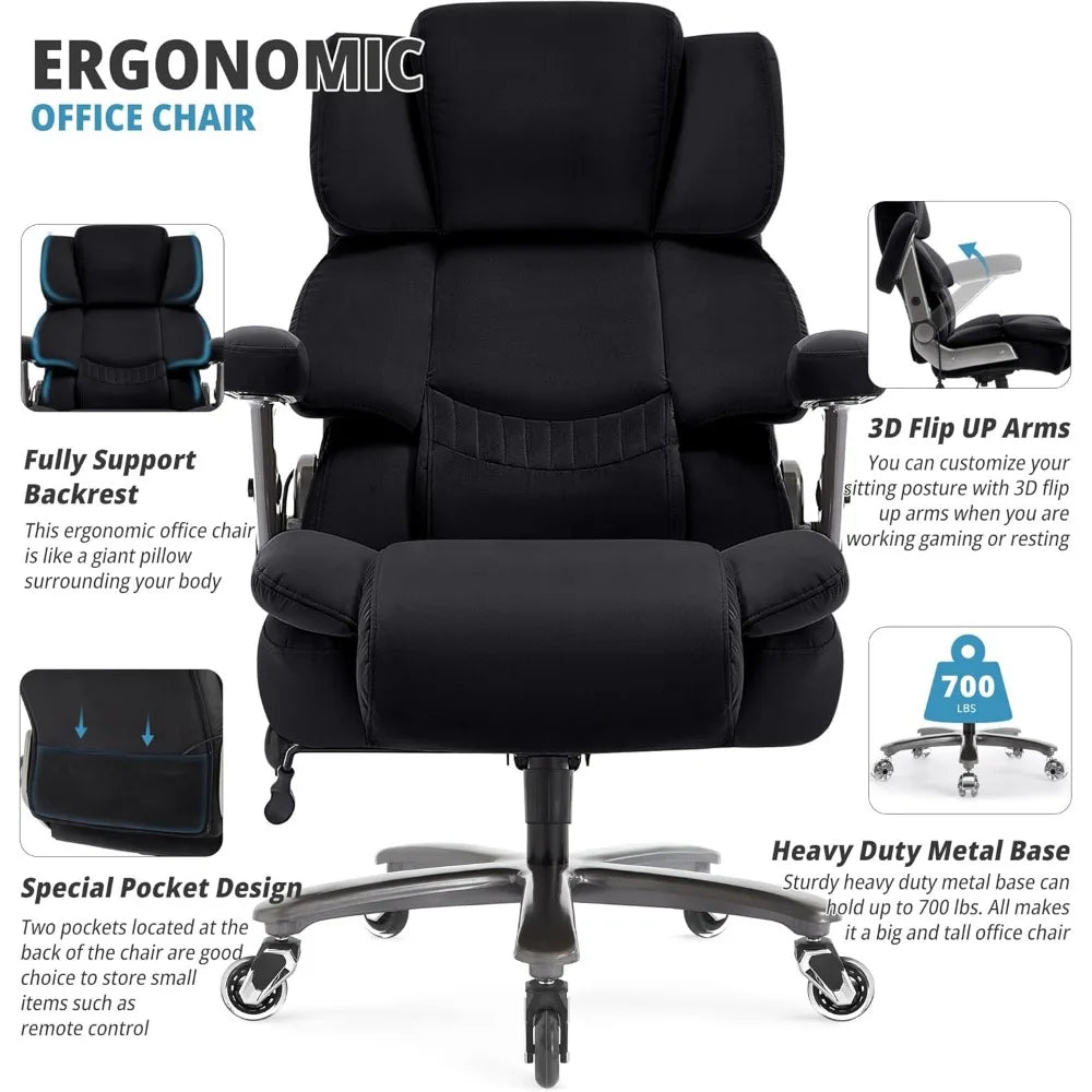 large capacity 700lbs ergonomic office chair with adjustable lumbar support, 3d flip arms, and heavy duty wheels