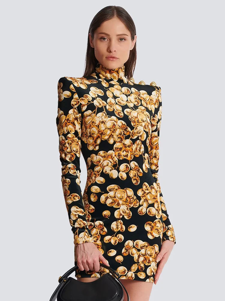 VC Grape Printed Gold Velvet Turtleneck Slim Mini Dress Women Button Design Long Sleeves Celebrity Cocktail Club Party Dress